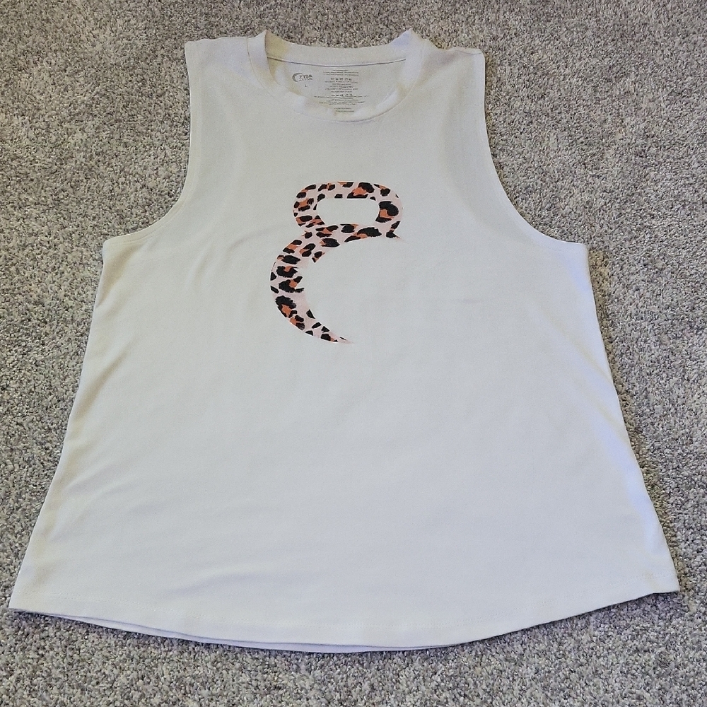 ZYIA White Muscle Tee with Brown Leopard Print
